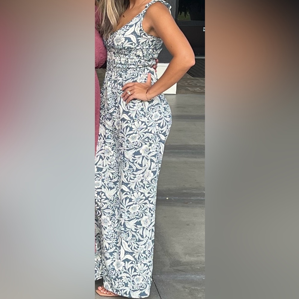 Patron of Peace Blue Gray and white Floral print Adjustable V neck Jumpsuit